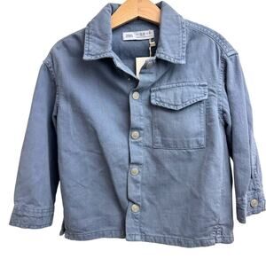 NWT Zara Long Sleeve Button Down Shirt Blue 18-24M